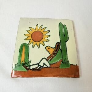 Hand Painted Siesta Cactus 4x4 Mexican Talavera Tile
